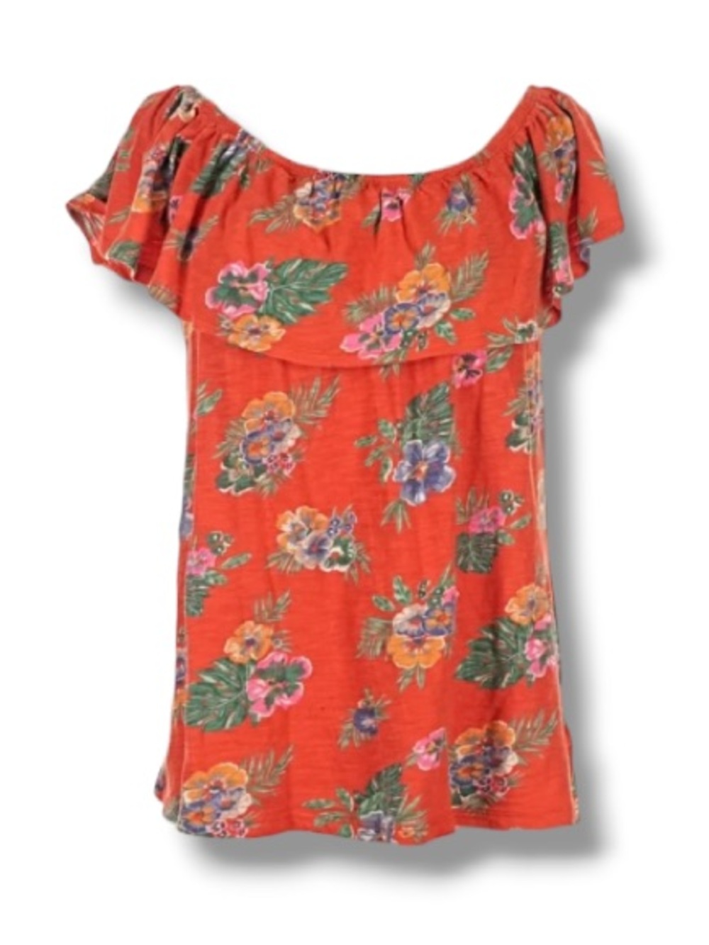 Old Navy Women’s Luau Tropical Off the Shoulder Red Top Blouse Hibiscus Hawaii